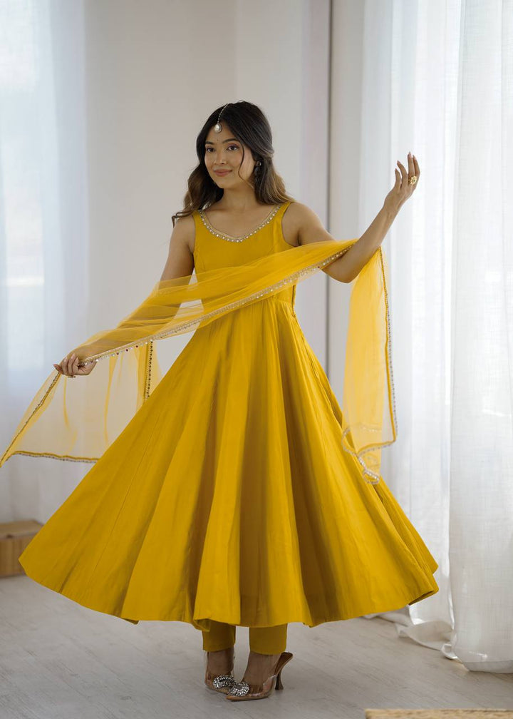 Yellow Sleeveless Roman Silk Chanderi Flared Anarkali Suit