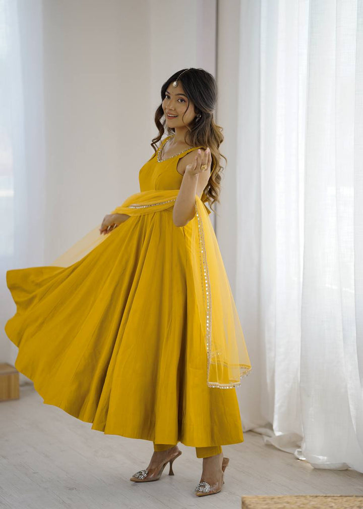 Yellow Sleeveless Roman Silk Chanderi Flared Anarkali Suit