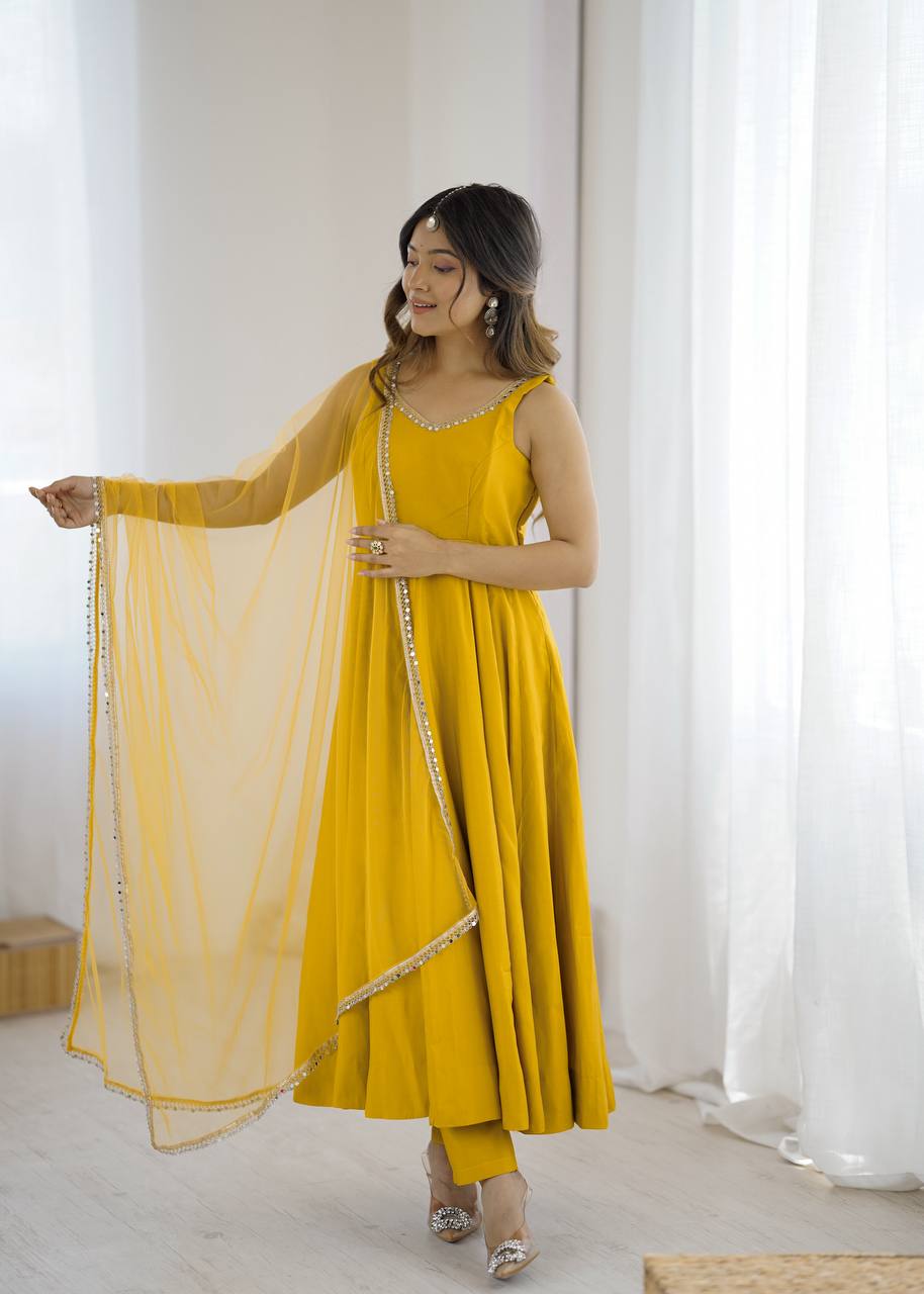 Yellow Sleeveless Roman Silk Chanderi Flared Anarkali Suit