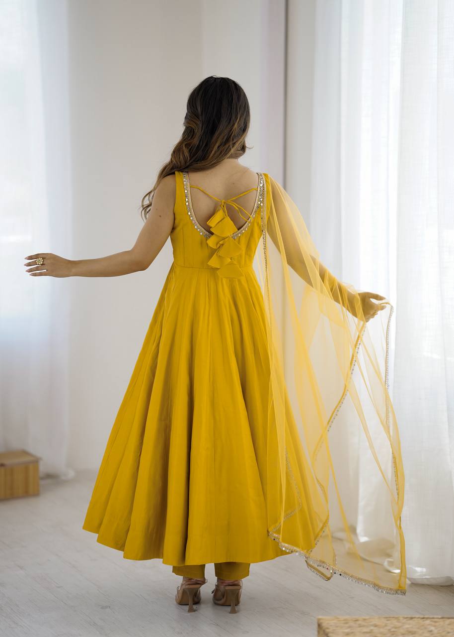 Yellow Sleeveless Roman Silk Chanderi Flared Anarkali Suit