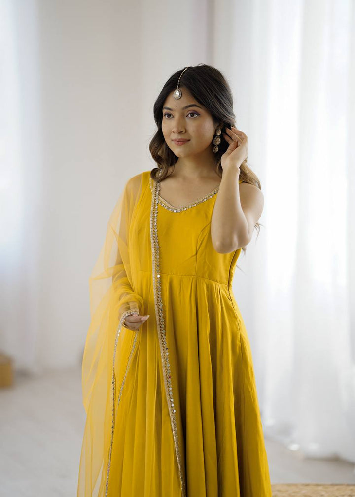 Yellow Sleeveless Roman Silk Chanderi Flared Anarkali Suit