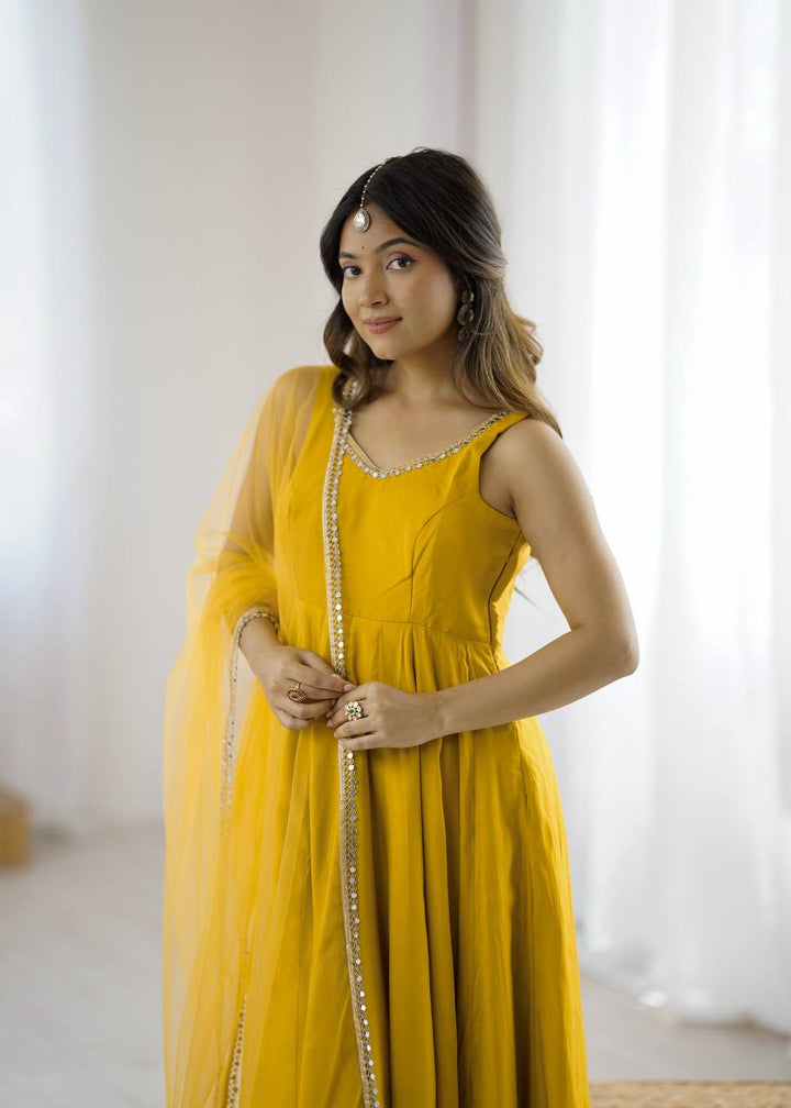 Yellow Sleeveless Roman Silk Chanderi Flared Anarkali Suit