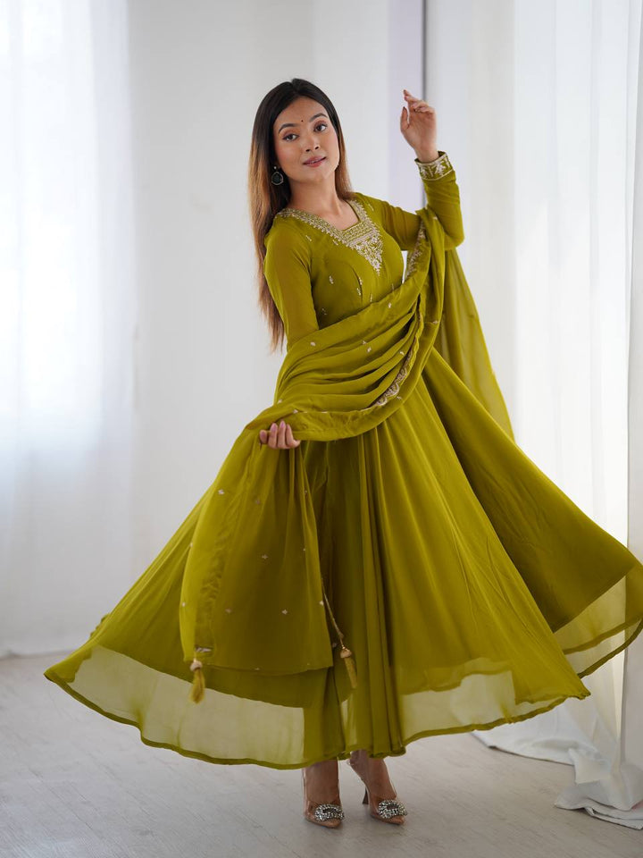 Mehndi Silver Neckline Embroidered Georgette Anarkali Suit