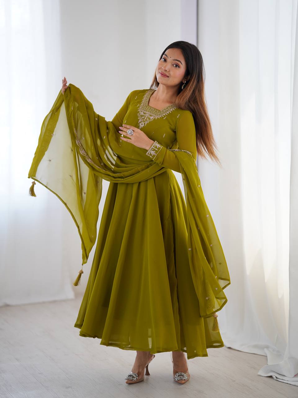 Mehndi Silver Neckline Embroidered Georgette Anarkali Suit