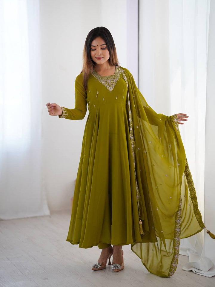 Mehndi Silver Neckline Embroidered Georgette Anarkali Suit