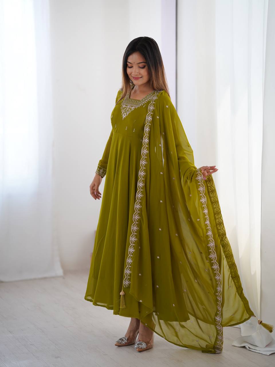 Mehndi Silver Neckline Embroidered Georgette Anarkali Suit