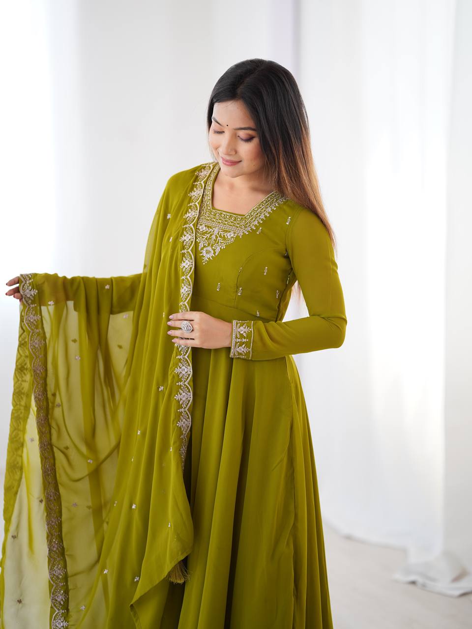 Mehndi Silver Neckline Embroidered Georgette Anarkali Suit