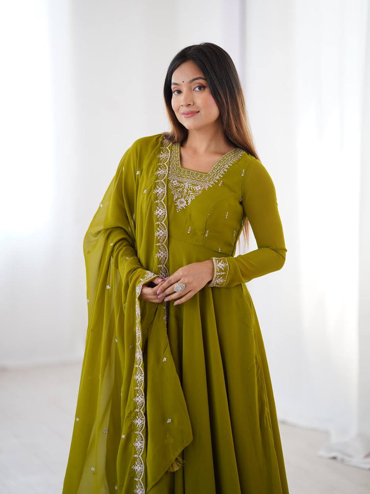Mehndi Silver Neckline Embroidered Georgette Anarkali Suit