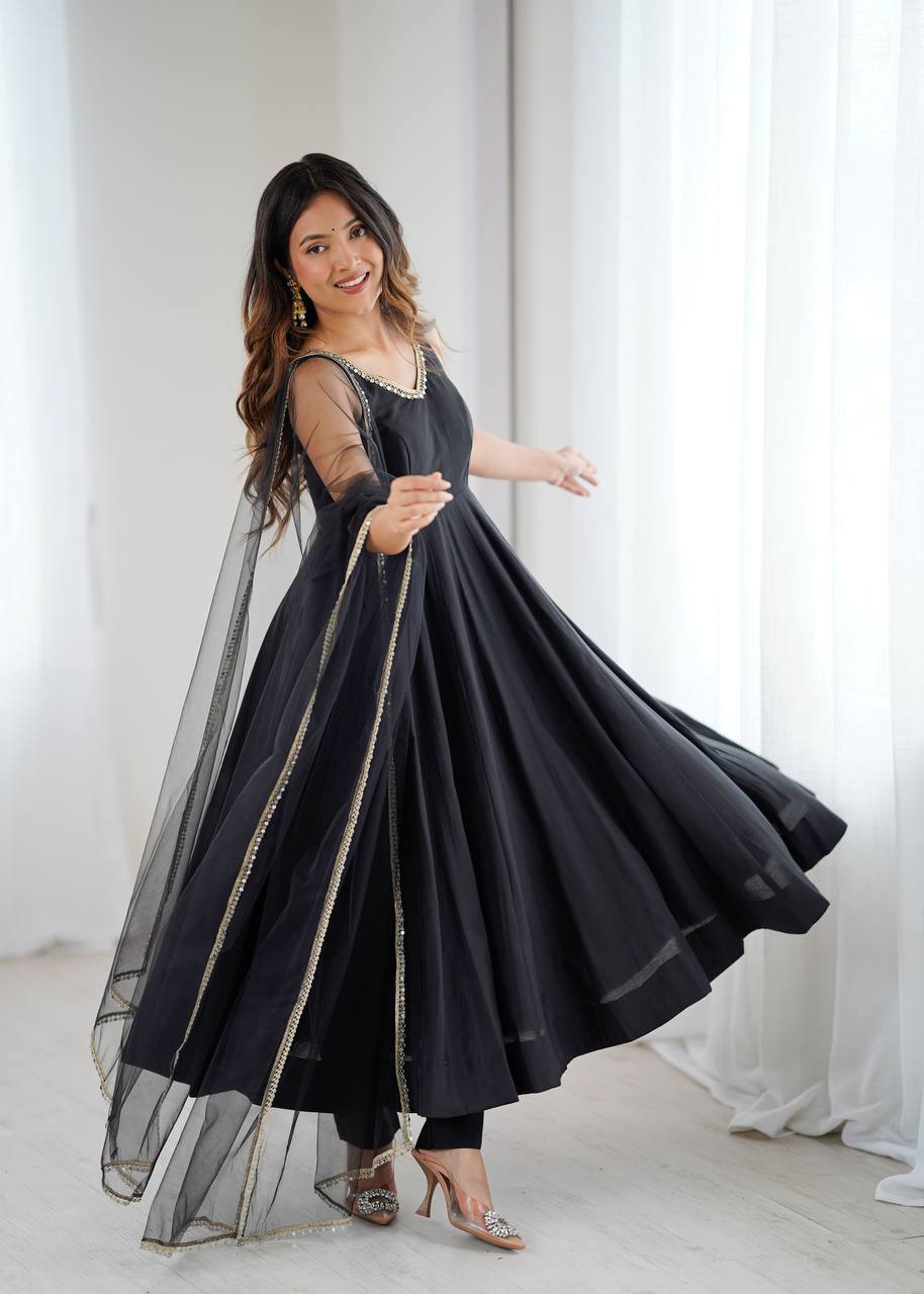 Black Sleeveless Roman Silk Chanderi Flared Anarkali Suit