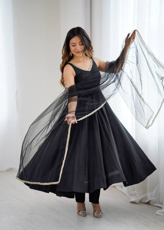 Black Sleeveless Roman Silk Chanderi Flared Anarkali Suit
