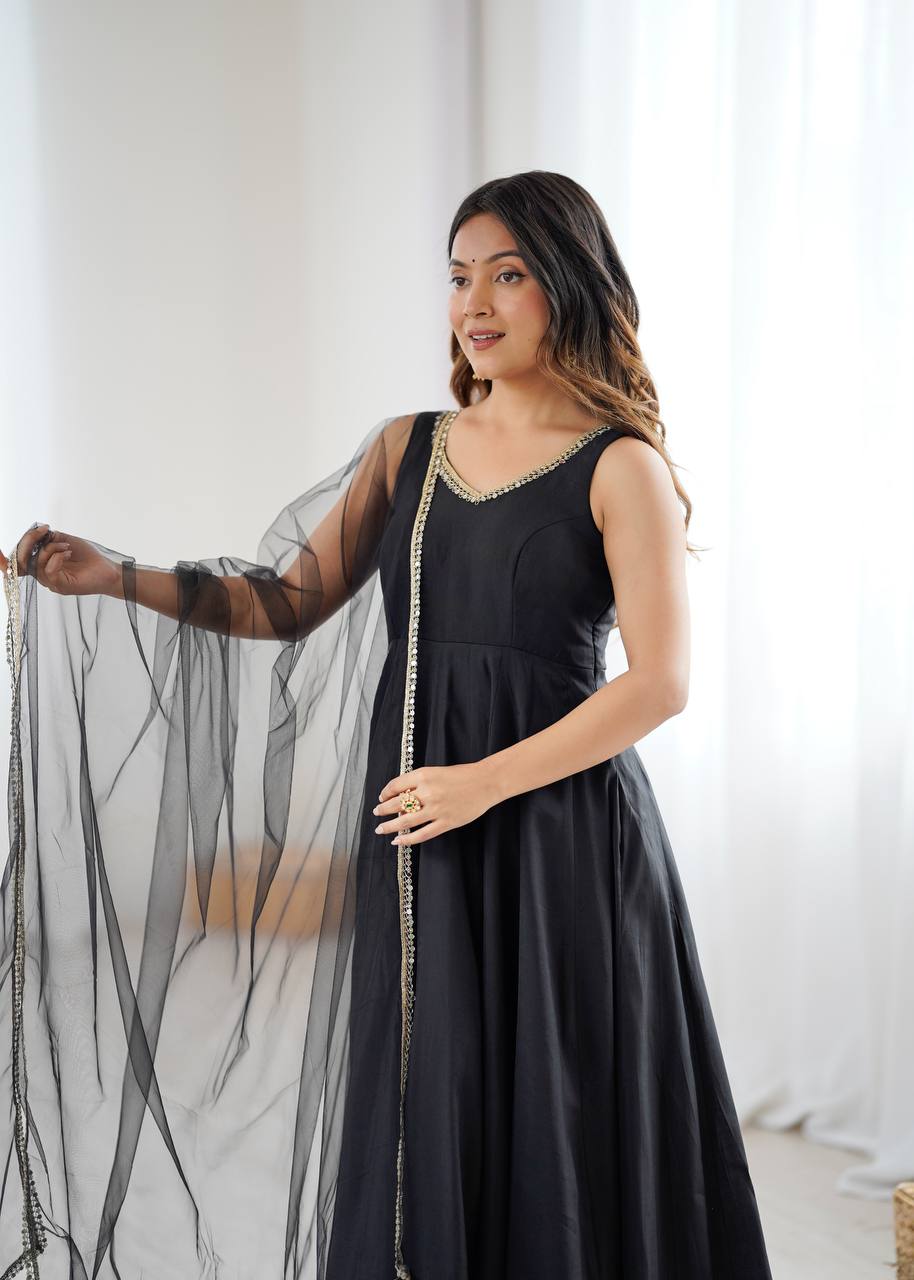 Black Sleeveless Roman Silk Chanderi Flared Anarkali Suit