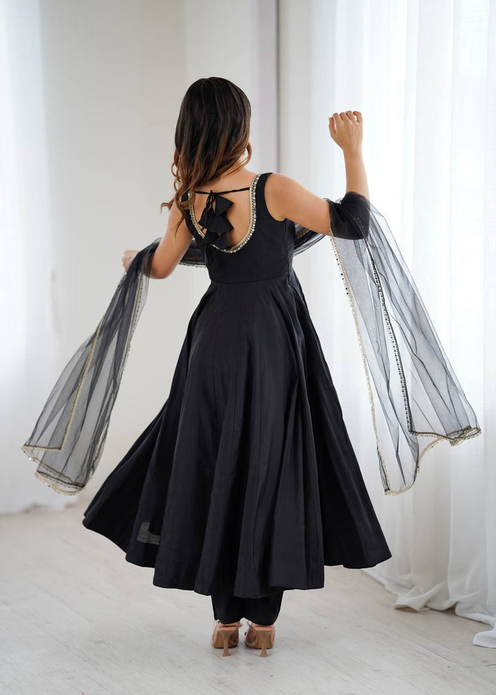 Black Sleeveless Roman Silk Chanderi Flared Anarkali Suit