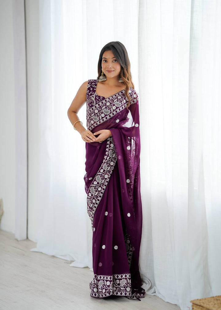 Designer Wine Color Georgette Embroidered Saree