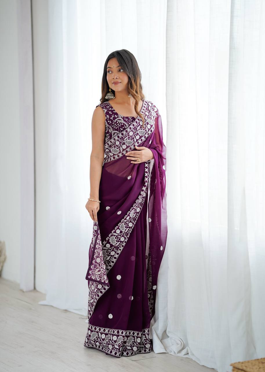 Designer Wine Color Georgette Embroidered Saree