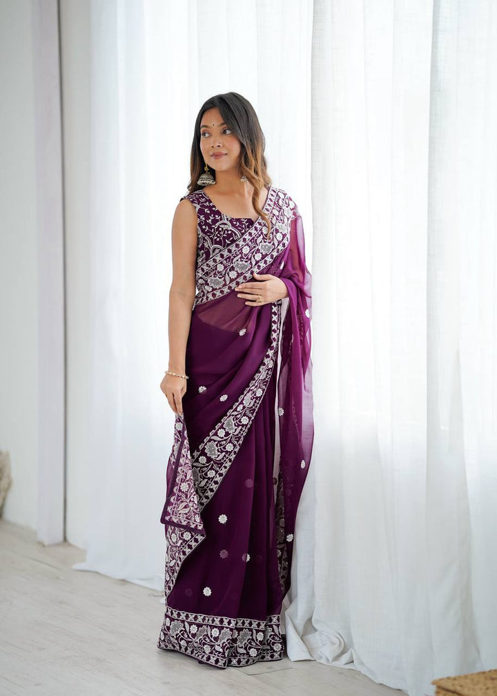 Designer Wine Color Georgette Embroidered Saree