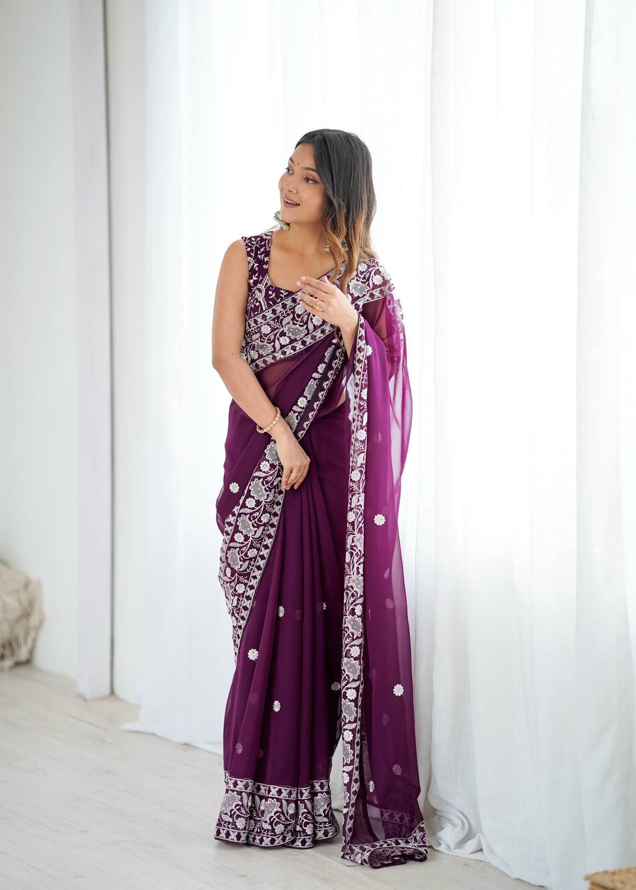Designer Wine Color Georgette Embroidered Saree