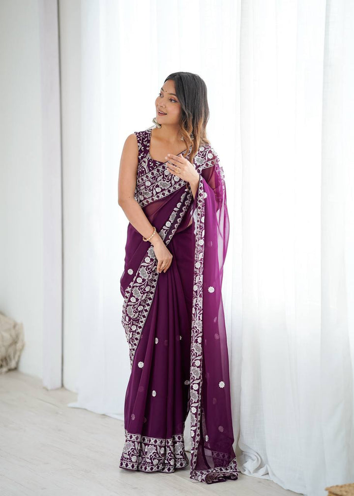 Designer Wine Color Georgette Embroidered Saree