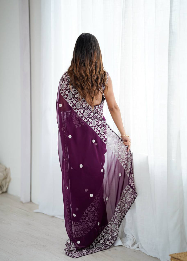 Designer Wine Color Georgette Embroidered Saree