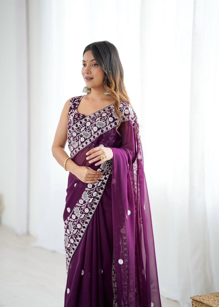 Designer Wine Color Georgette Embroidered Saree