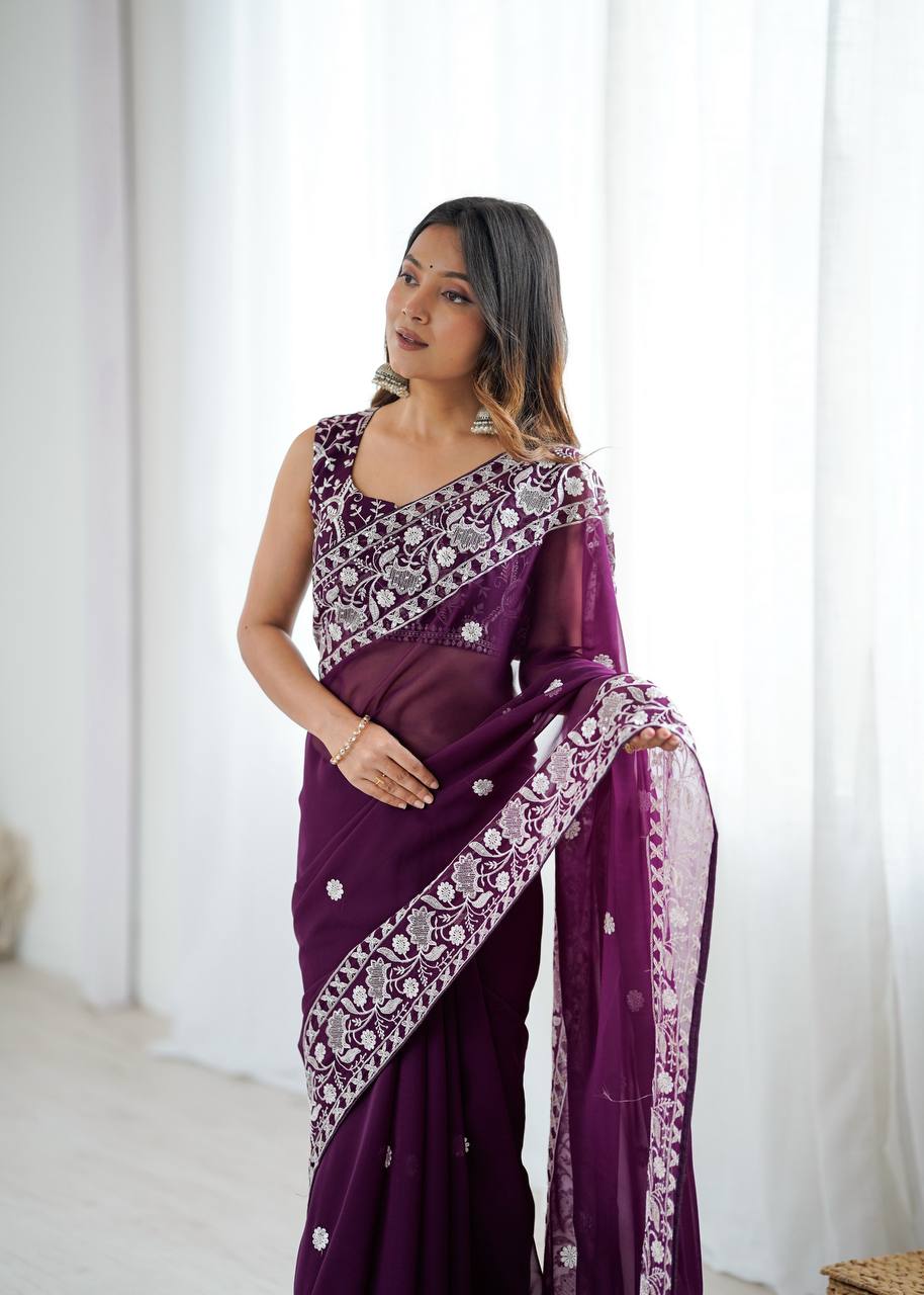 Designer Wine Color Georgette Embroidered Saree