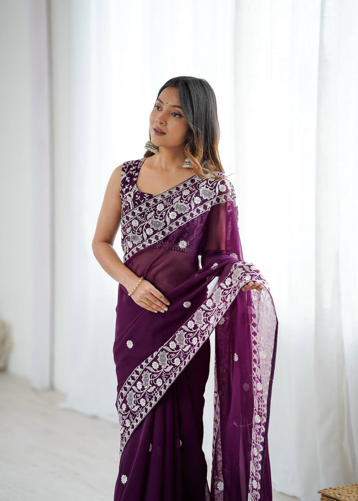 Designer Wine Color Georgette Embroidered Saree