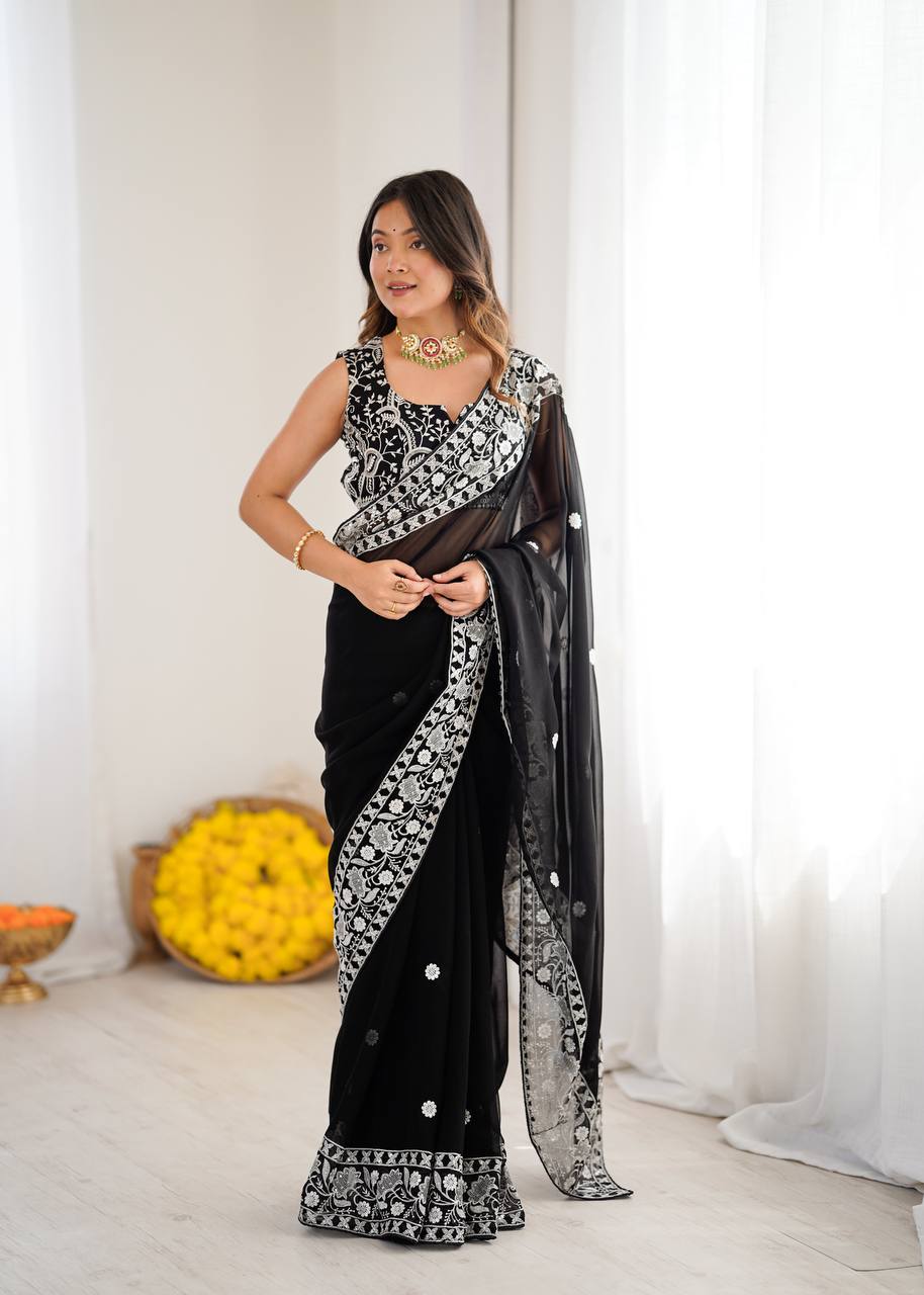 Designer Black Color Georgette Embroidered Saree