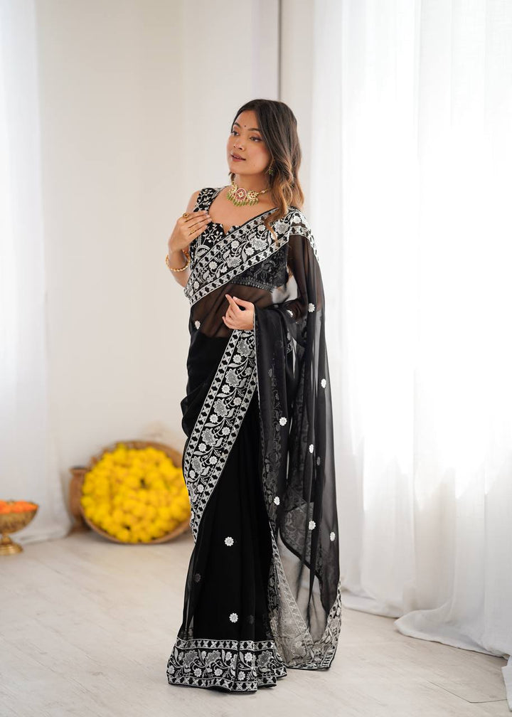 Designer Black Color Georgette Embroidered Saree