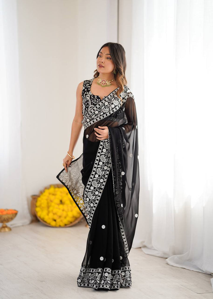 Designer Black Color Georgette Embroidered Saree