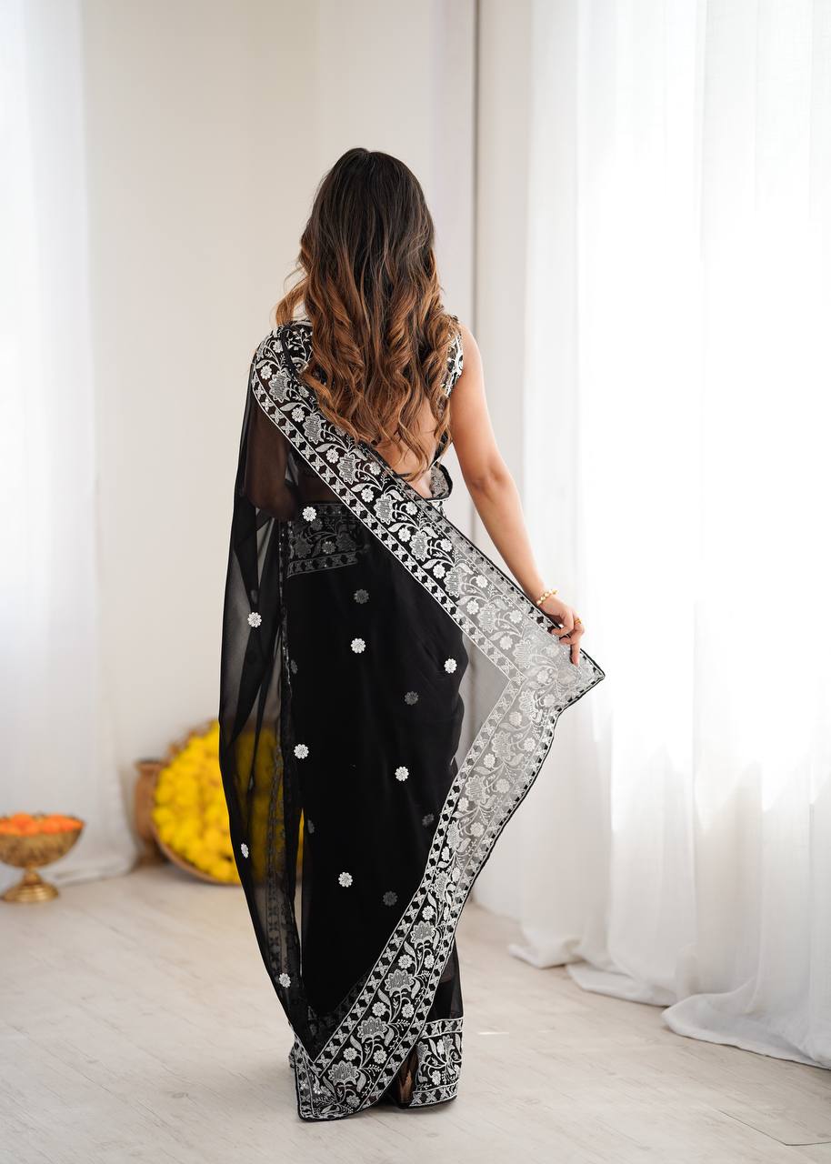 Designer Black Color Georgette Embroidered Saree