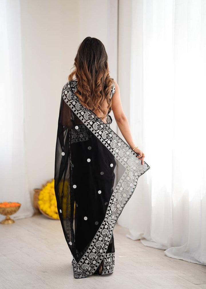 Designer Black Color Georgette Embroidered Saree
