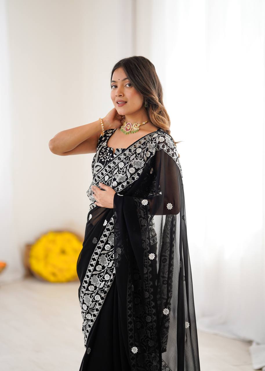 Designer Black Color Georgette Embroidered Saree