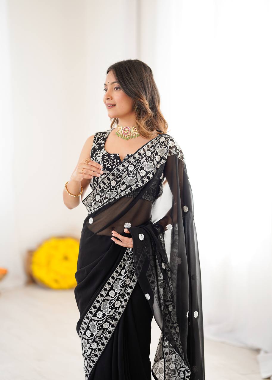 Designer Black Color Georgette Embroidered Saree