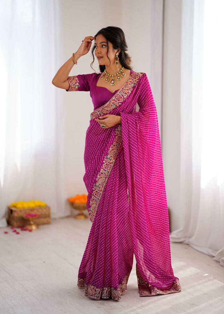Rani Pink Color Georgette Bandhej Print Saree