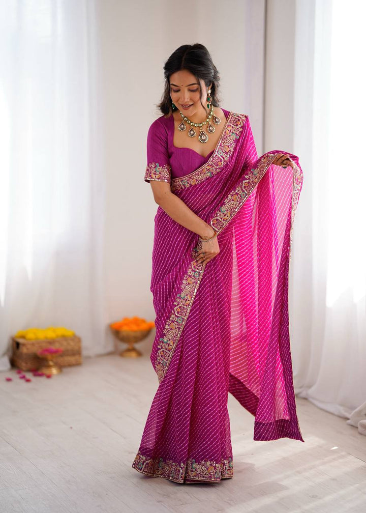Rani Pink Color Georgette Bandhej Print Saree
