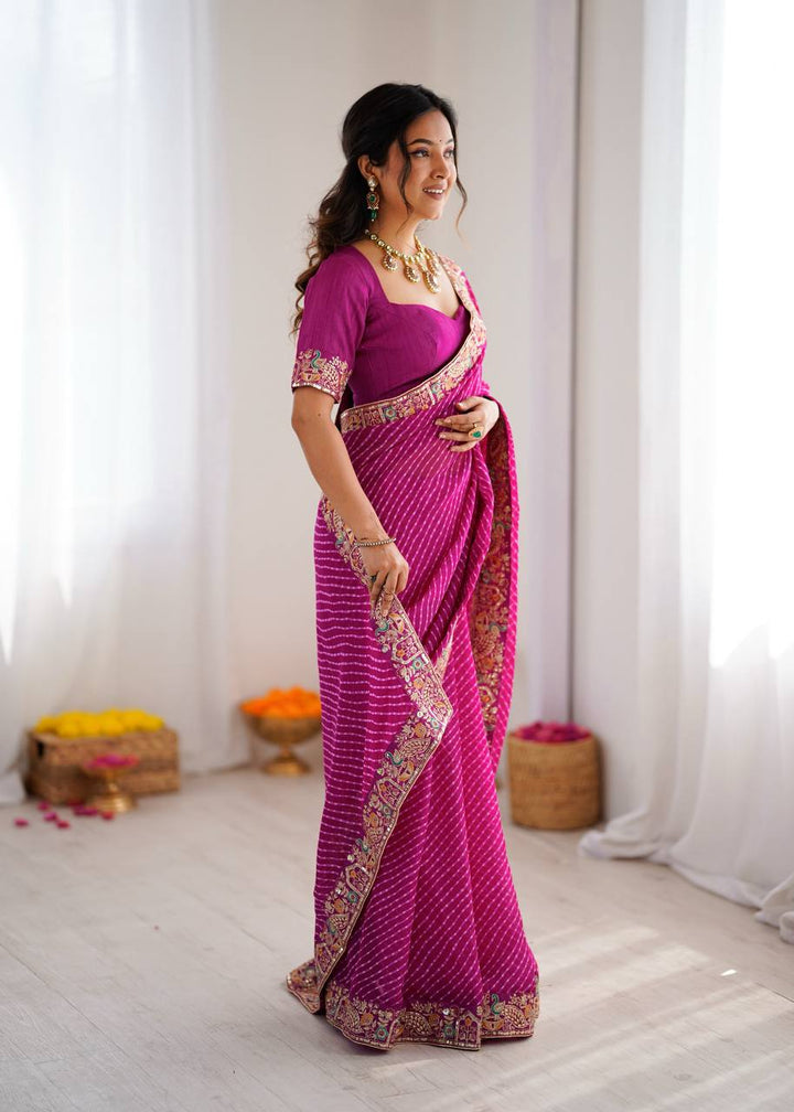 Rani Pink Color Georgette Bandhej Print Saree