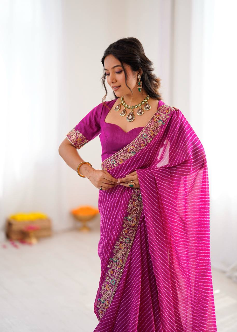 Rani Pink Color Georgette Bandhej Print Saree