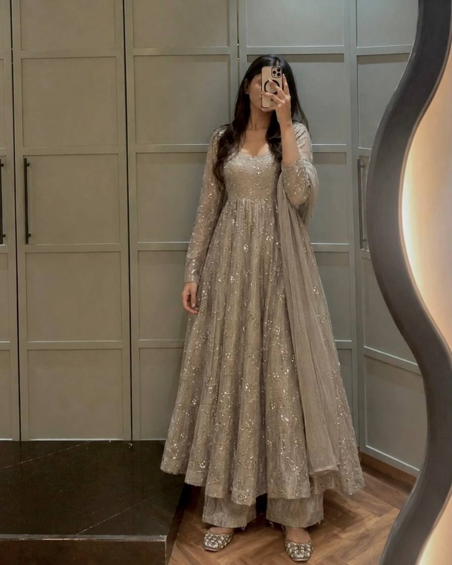 Metallic Grey Sequence Embroidered Flared Anarkali Suit
