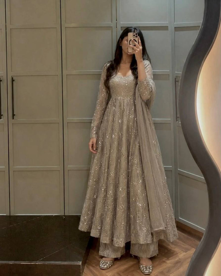 Metallic Grey Sequence Embroidered Flared Anarkali Suit