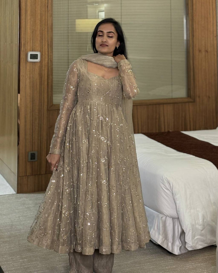 Metallic Grey Sequence Embroidered Flared Anarkali Suit