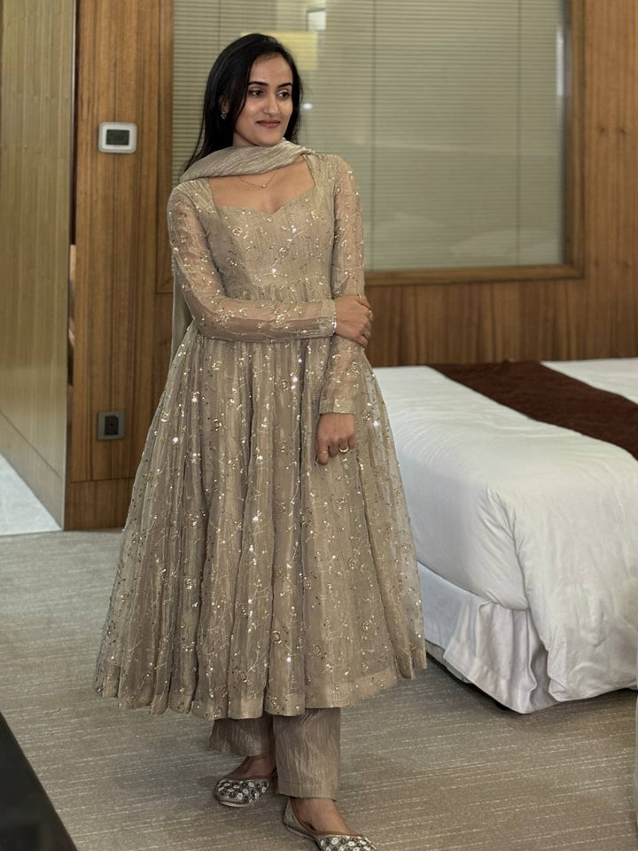 Metallic Grey Sequence Embroidered Flared Anarkali Suit
