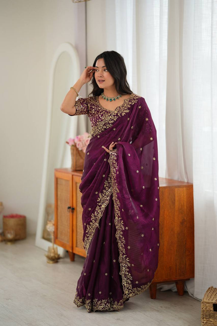 Wine Color Fendy Silk Embroidered Saree