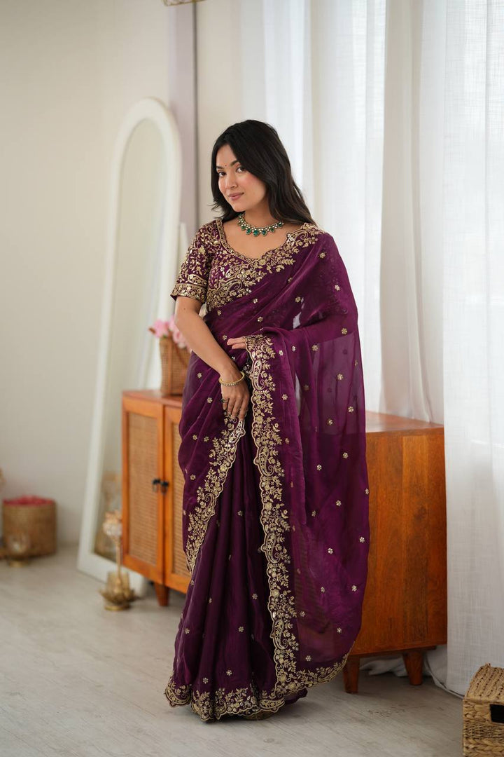 Wine Color Fendy Silk Embroidered Saree