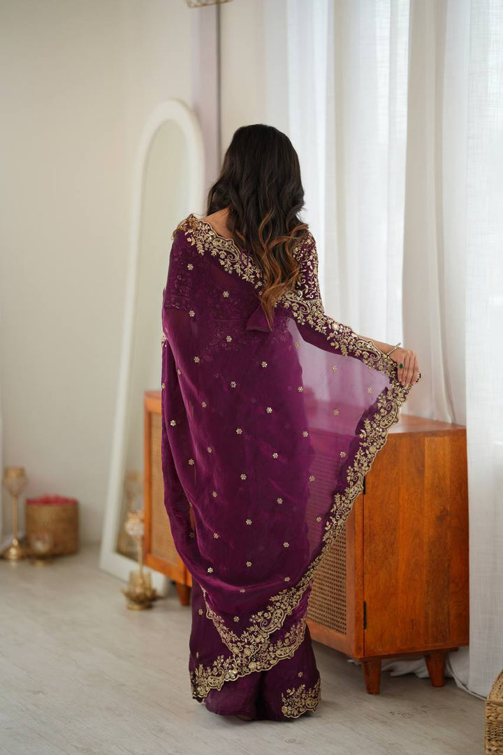 Wine Color Fendy Silk Embroidered Saree
