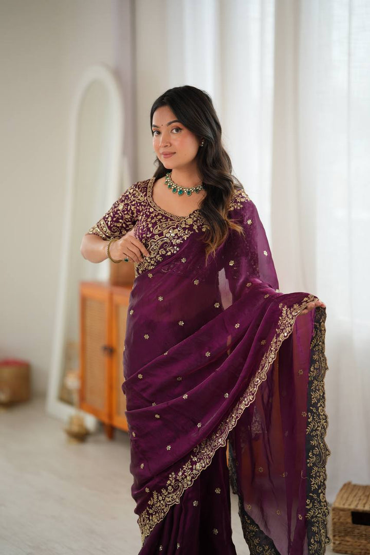Wine Color Fendy Silk Embroidered Saree