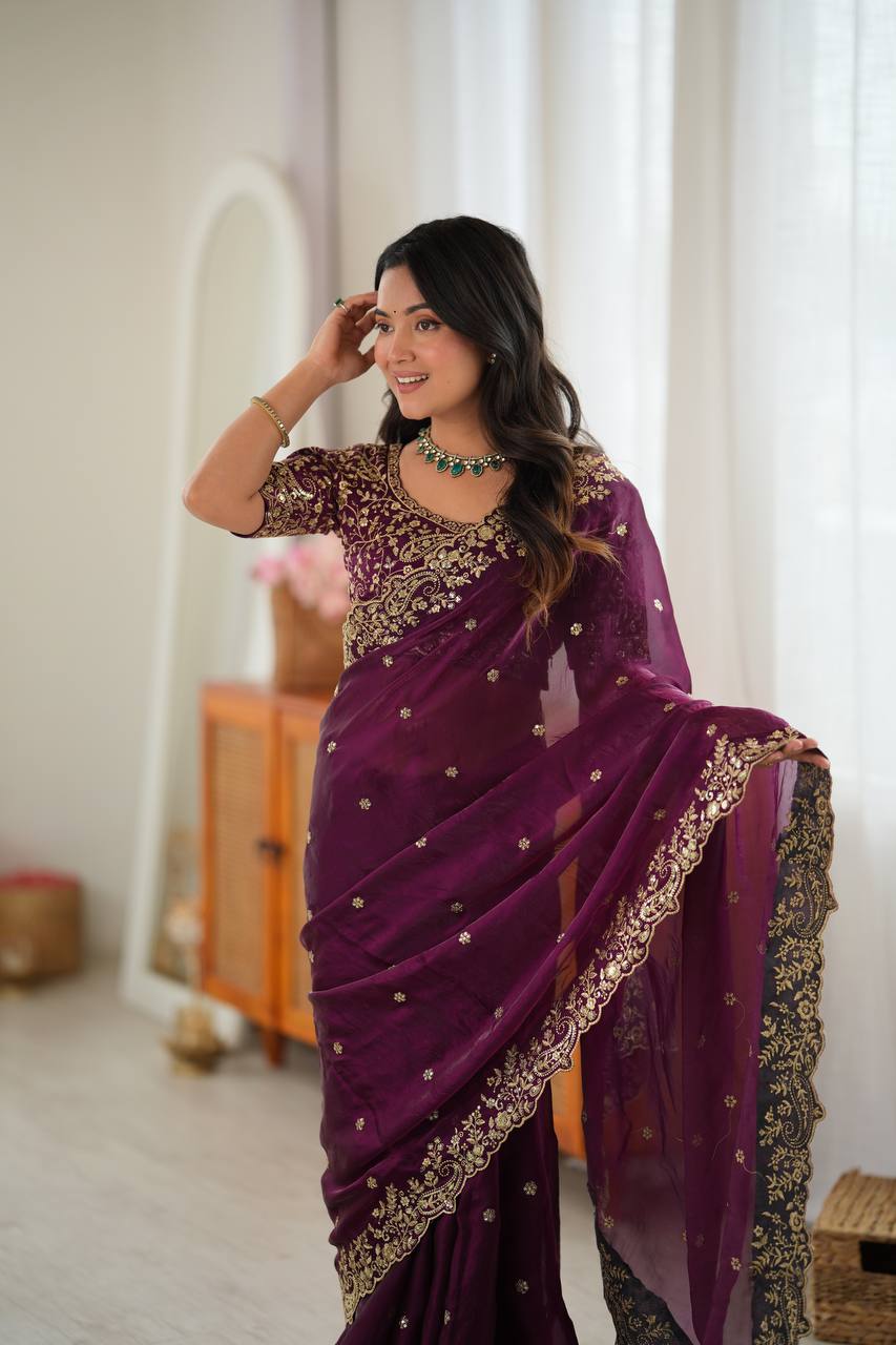 Wine Color Fendy Silk Embroidered Saree