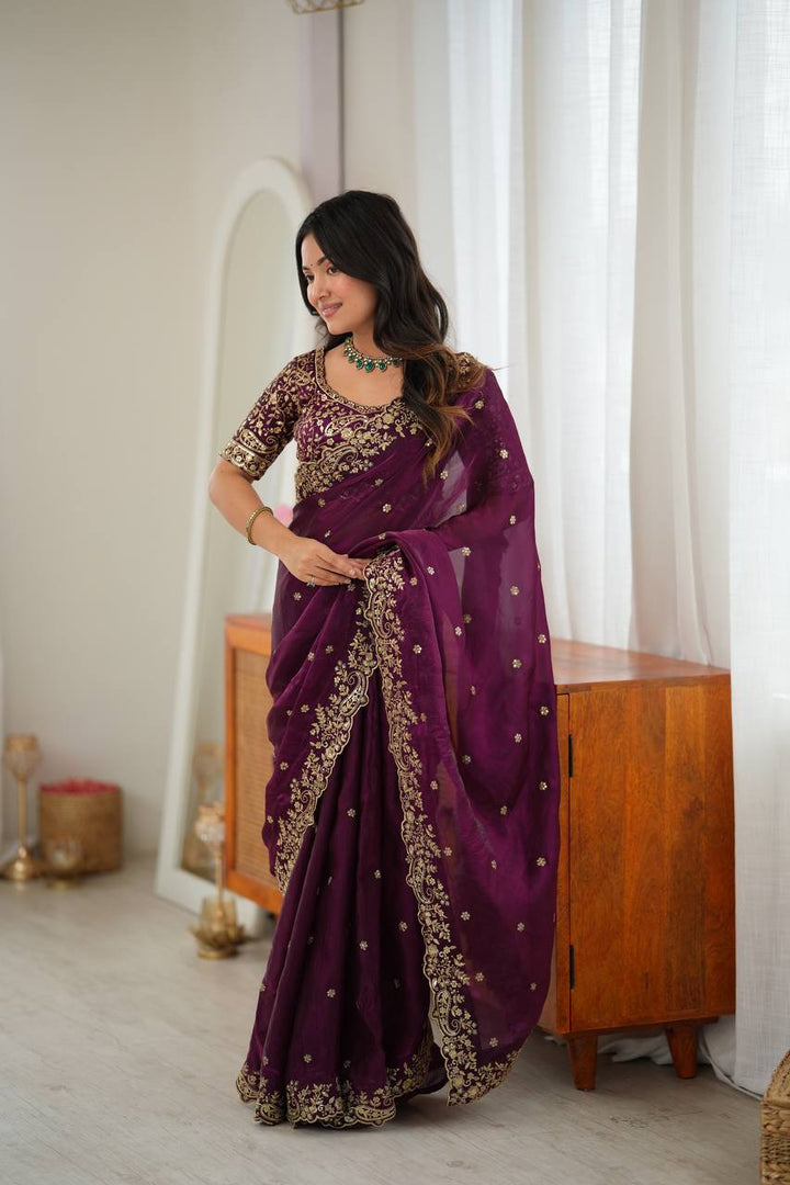 Wine Color Fendy Silk Embroidered Saree