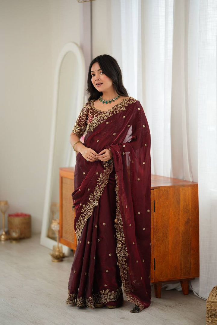 Maroon Color Fendy Silk Embroidered Saree