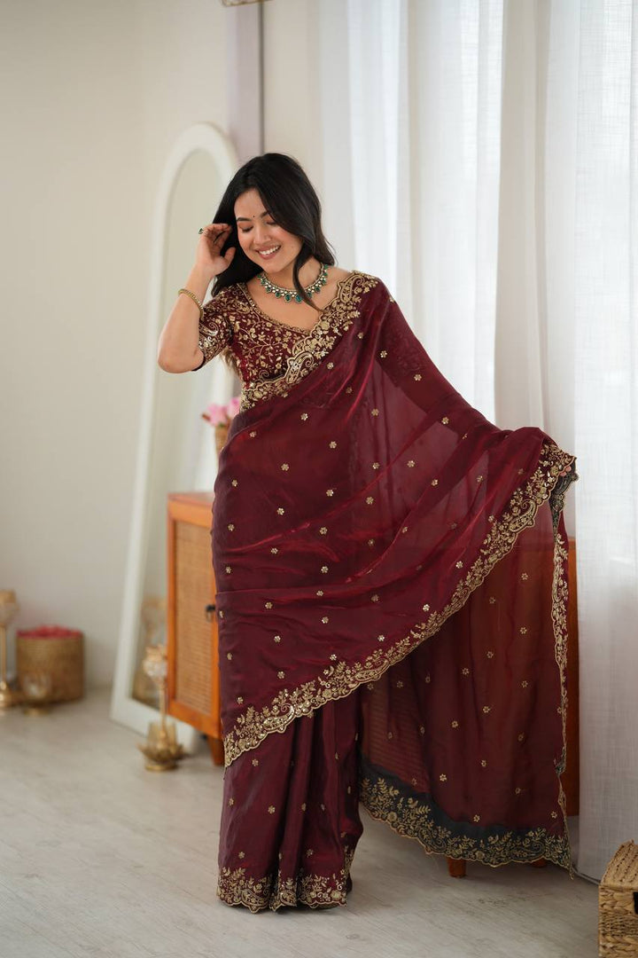 Maroon Color Fendy Silk Embroidered Saree