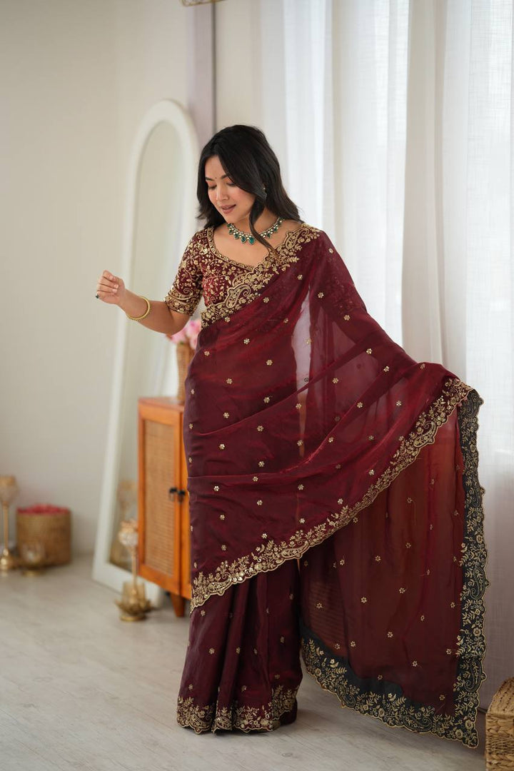 Maroon Color Fendy Silk Embroidered Saree