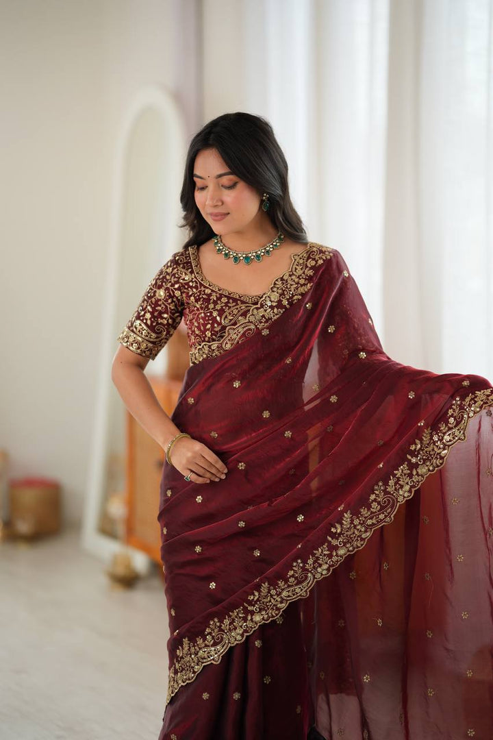 Maroon Color Fendy Silk Embroidered Saree